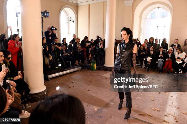 Model poses at the Dorateymur Presentation during London Fashion Week February 2018 at Somerset House on February 17, 2018 in London, England.