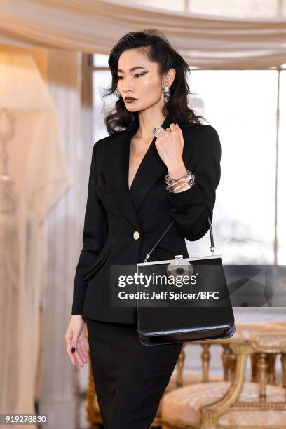 Model poses at the Dorateymur Presentation during London Fashion Week February 2018 at Somerset House on February 17, 2018 in London, England.