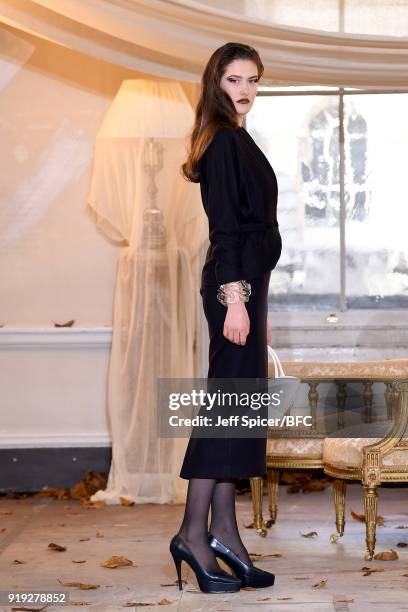 Model poses at the Dorateymur Presentation during London Fashion Week February 2018 at Somerset House on February 17, 2018 in London, England.