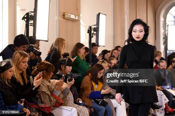 Model poses at the Dorateymur Presentation during London Fashion Week February 2018 at Somerset House on February 17, 2018 in London, England.