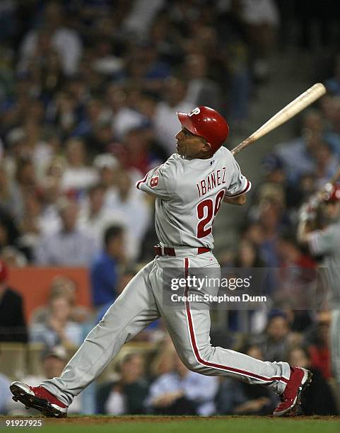 Raul Ibanez of the Philadelphia Phillies hits a three run home run in the eighth inning against the Los Angeles Dodgers in Game One of the NLCS...