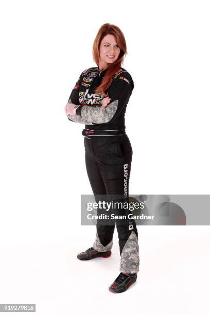 Camping World Truck Series driver Jennifer Jo Cobb poses for a portrait at Daytona International Speedway on February 16, 2018 in Daytona Beach,...