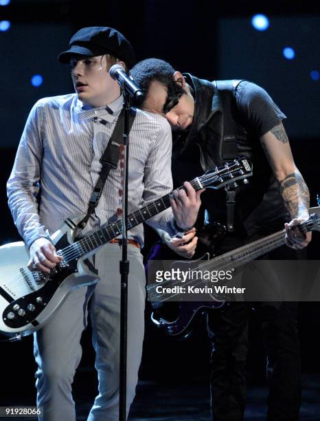 Musicians Patrick Stump and Pete Wentz of "Fall Out Boy" perform onstage at the "Los Premios MTV 2009" Latin America Awards held at Gibson...