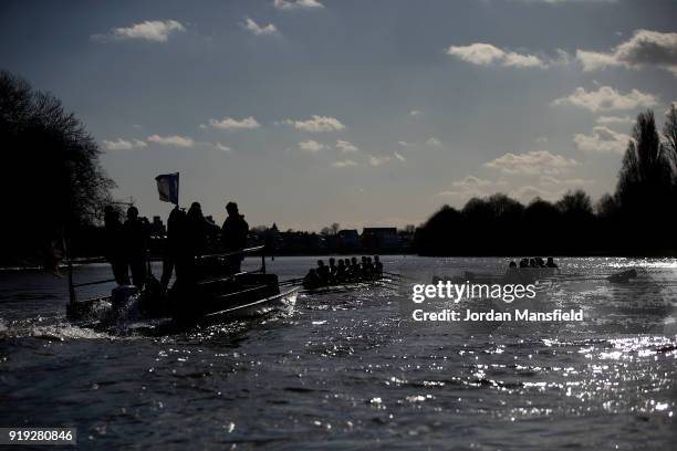 Both crews compete in the Boat Race Trial race between Cambridge University Women's Boat Club and University of London on February 17, 2018 in...