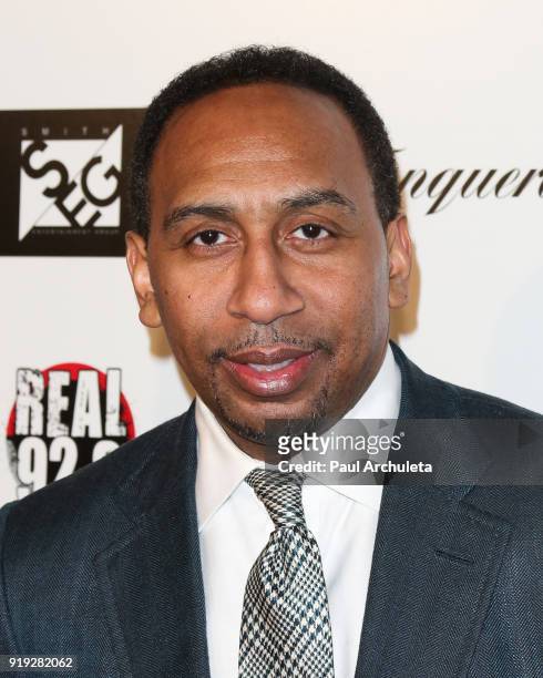 Personality Stephen A. Smith attends Kenny "The Jet" Smith's annual All-Star bash presented By JBL at Paramount Studios on February 16, 2018 in...