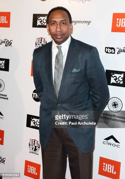 Personality Stephen A. Smith attends Kenny "The Jet" Smith's annual All-Star bash presented By JBL at Paramount Studios on February 16, 2018 in...