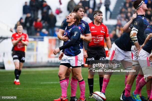 Charl McLeod of Stade Francais looks dejected during the Top 14 match between Toulon and Stade Francais at Felix Mayol Stadium on February 17, 2018...