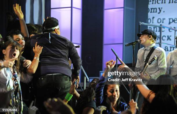 Musician Patrick Stump of Fall Out Boy performs onstage at the "Los Premios MTV 2009" Latin America Awards held at Gibson Amphitheatre on October 15,...