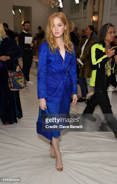 Ellie Bamber attends the Jasper Conran show during London Fashion Week February 2018 at Claridge's Hotel on February 17, 2018 in London, England.