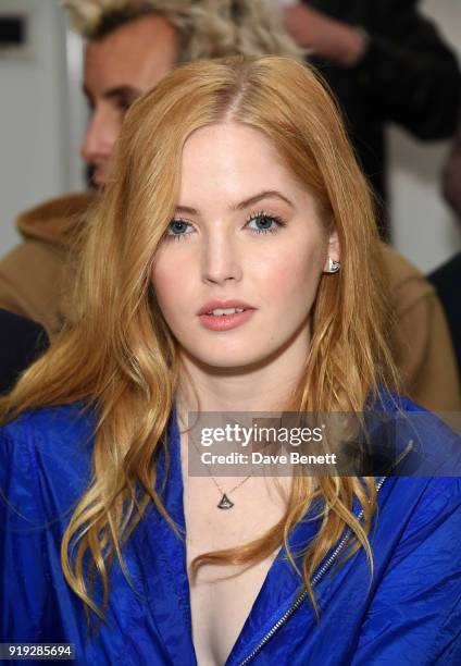 Ellie Bamber attends the Jasper Conran show during London Fashion Week February 2018 at Claridge's Hotel on February 17, 2018 in London, England.