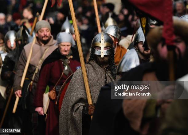 Re-enactors representing the rival armies of the Vikings and Anglo-Saxons march through York City during the Jorvik Viking Festival on February 17,...