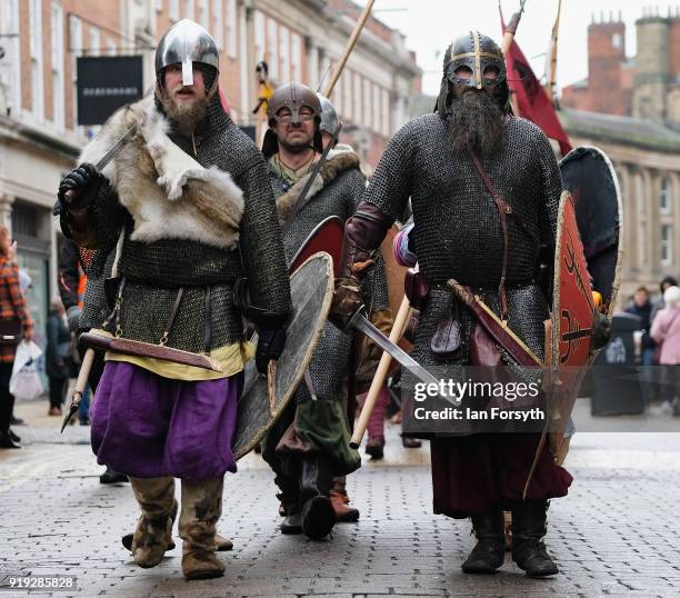 Re-enactors representing the rival armies of the Vikings and Anglo-Saxons march through York City during the Jorvik Viking Festival on February 17,...