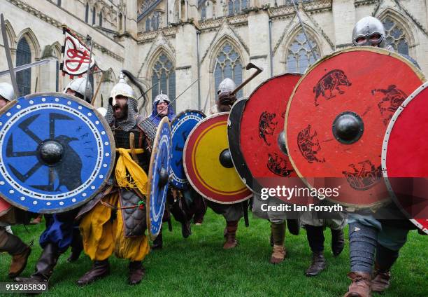 Re-enactors representing the rival armies of the Vikings and Anglo-Saxons prepare to march through York City during the Jorvik Viking Festival on...