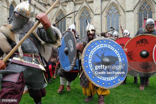 Re-enactors representing the rival armies of the Vikings and Anglo-Saxons prepare to march through York City during the Jorvik Viking Festival on...