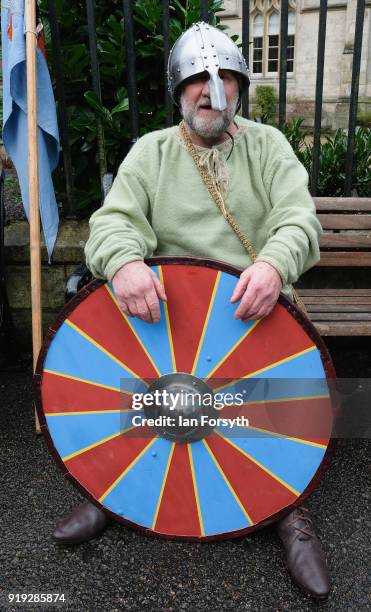 Re-enactors representing the rival armies of the Vikings and Anglo-Saxons prepare to march through York City during the Jorvik Viking Festival on...