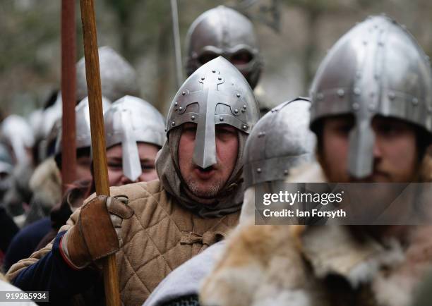 Re-enactors representing the rival armies of the Vikings and Anglo-Saxons march through York City during the Jorvik Viking Festival on February 17,...