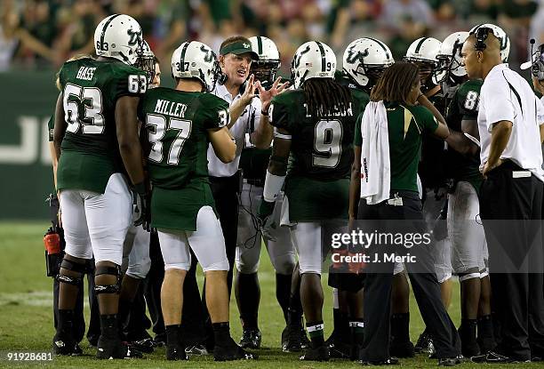 Head coach Jim Leavitt of the South Florida Bulls tries to fire up his team against the Cincinnati Bearcats during the game at Raymond James Stadium...