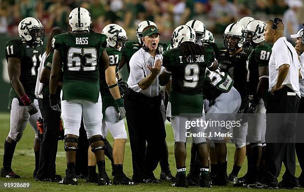 Head coach Jim Leavitt of the South Florida Bulls tries to fire up his team against the Cincinnati Bearcats during the game at Raymond James Stadium...