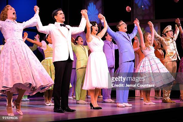Actors Dee Hoty, John Stamos, Gina Gershon, Bill Irwin, Allie Trimm and Nolan Gerard Funk take a bow during the opening night of "Bye Bye Birdie" on...
