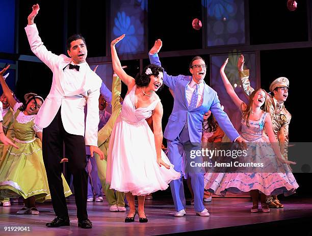 Actors John Stamos, Gina Gershon, Bill Irwin, Allie Trimm and Nolan Gerard Funk take a bow during the opening night of "Bye Bye Birdie" on Broadway...