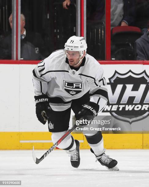 Torrey Mitchell of the Los Angeles Kings skates for position on the ice during an NHL game against the Carolina Hurricanes on February 13, 2018 at...