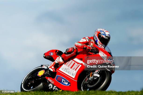 Casey Stoner of Australia rides the Ducati Marlboro Team Ducatiduring a practice session ahead of the MotoGP of Australia at Phillip Island Grand...