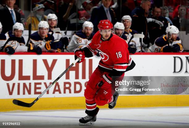 Marcus Kruger of the Carolina Hurricanes skates for position on the ice during an NHL game against the Buffalo Sabres on December 23, 2017 at PNC...