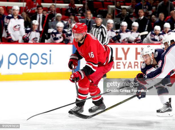 Marcus Kruger of the Carolina Hurricanes backhands the puck on goal during an NHL game against the Columbus Blue Jackets on December 16, 2017 at PNC...