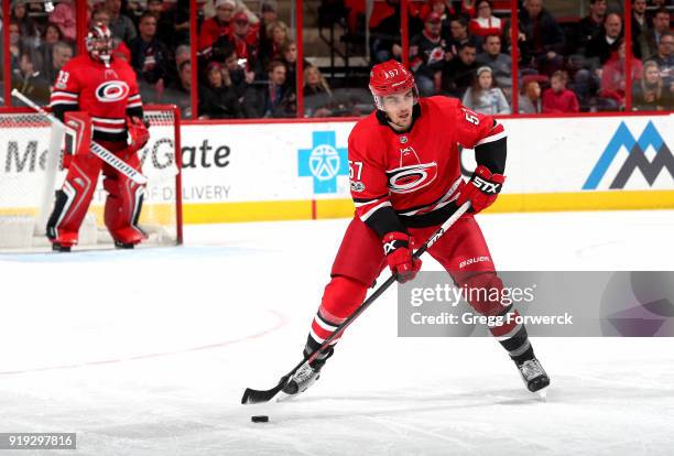Trevor van Riemsdyk of the Carolina Hurricanes controls the puck on the ice during an NHL game against the Columbus Blue Jackets on December 16, 2017...