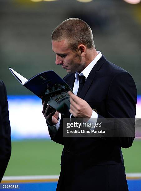 Daniele De Rossi of Italy reading newspaper before the FIFA2010 World Cup Group 8 Qualifier match between Italy and Cyprus at the Tardini Stadium on...