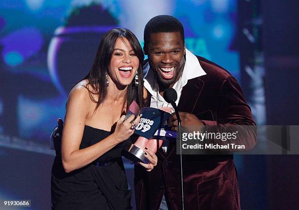 Sofia Vergara and rapper 50 Cent present onstage during the "Los Premios MTV 2009" - Latin America Awards held at Gibson Amphitheatre on October 15,...