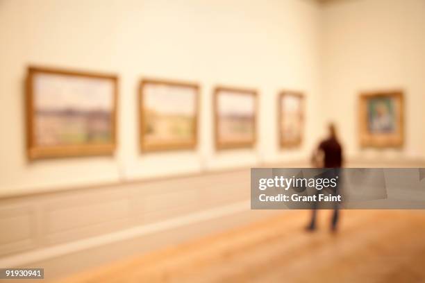 young woman out of focus observing row of paintings - met art gallery 個照片及圖片檔