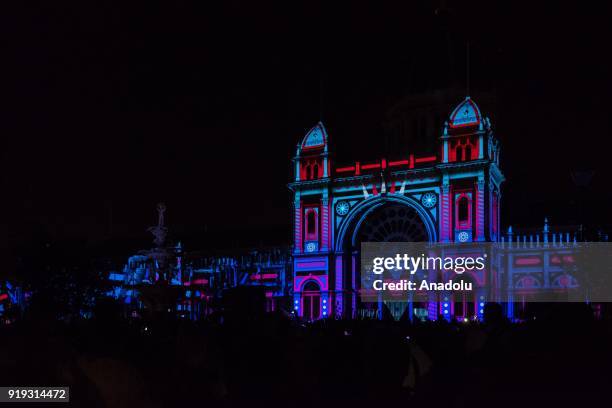 Video mapped projection on the Royal Exhibition Building facade titled 'What If' during the White Night Melbourne festival held in the city of...