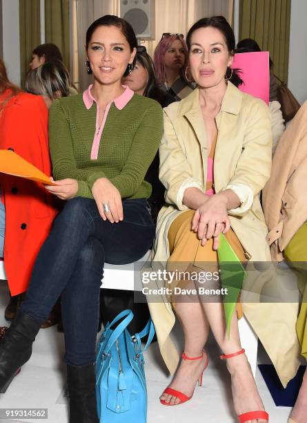 Annabel Scholey and Maimie McCoy attend the Jasper Conran show during London Fashion Week February 2018 at Claridge's Hotel on February 17, 2018 in...