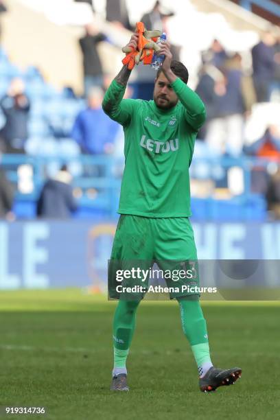 Kristoffer Nordfeldt of Swansea City thanks away supporters during The Emirates FA Cup Fifth Round match between Sheffield Wednesday and Swansea City...