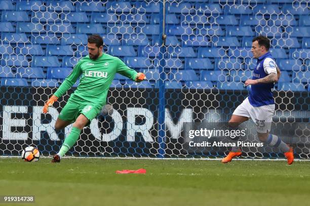 Kristoffer Nordfeldt of Swansea City kicks the ball away from Ross Wallace of Sheffield Wednesday during The Emirates FA Cup Fifth Round match...