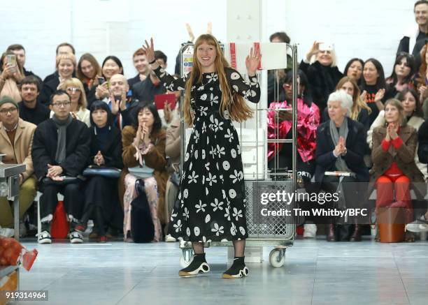 Molly Goddard walks the runway at the Molly Goddard show during London Fashion Week February 2018 at TopShop Show Space on February 17, 2018 in...