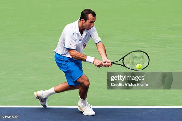 Radek Stepanek of the Czech Republic returns a shot to Nikolay Davydenko of Russia during day six of 2009 Shanghai ATP Masters 1000 at Qi Zhong...