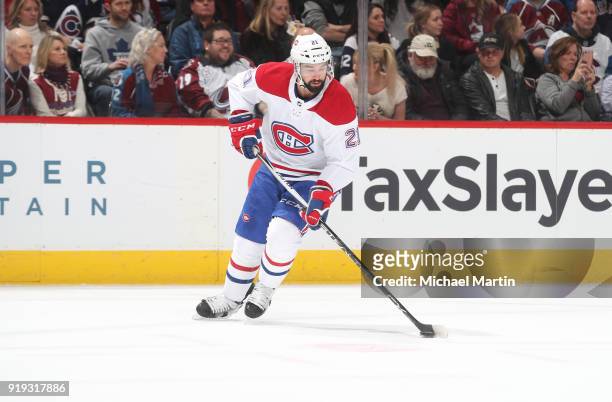 David Schlemko of the Montreal Canadiens skates against the Colorado Avalanche at the Pepsi Center on February 14, 2018 in Denver, Colorado. The...