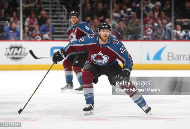 Colin Wilson of the Colorado Avalanche skates against the Montreal Canadiens at the Pepsi Center on February 14, 2018 in Denver, Colorado. The...