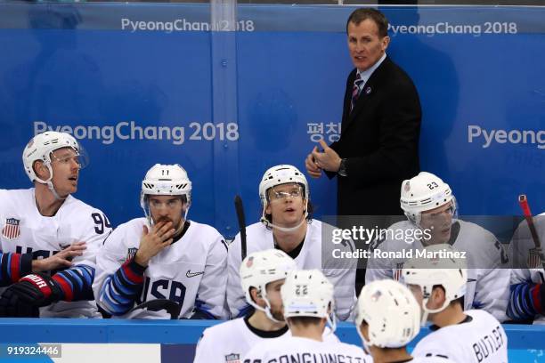 Head coach Tony Granato of the United States looks on against Olympic Athletes from Russia during the Men's Ice Hockey Preliminary Round Group B game...