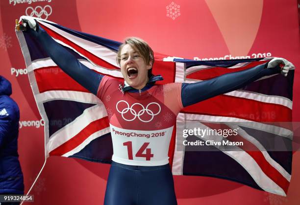 Lizzy Yarnold of Great Britain celebates as she secures the gold medal at the Womens Skeleton on day eight of the PyeongChang 2018 Winter Olympic...