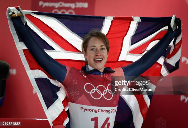 Lizzy Yarnold of Great Britain celebates as she secures the gold medal at the Womens Skeleton on day eight of the PyeongChang 2018 Winter Olympic...