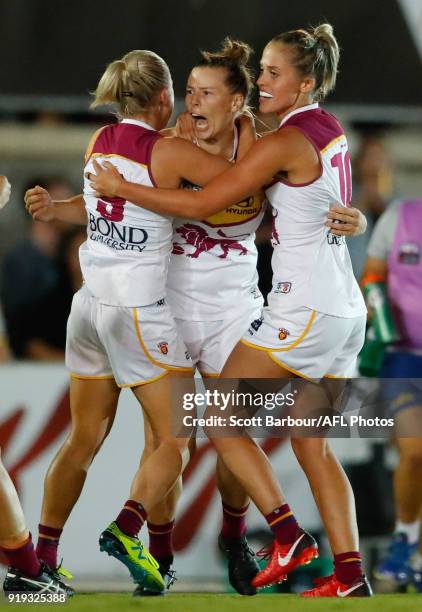 Brittany Gibson of the Lions celebrates after kicking a goal during the 2018 AFLW Round 03 match between the Carlton Blues and the Brisbane Lions at...