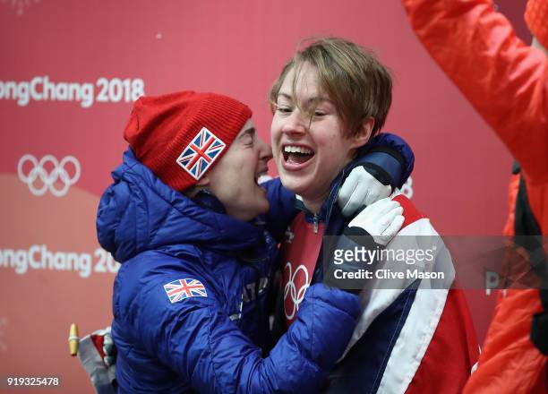 Lizzy Yarnold of Great Britain celebates with team mate and bronze medalist Laura Deas at the Womens Skeleton on day eight of the PyeongChang 2018...