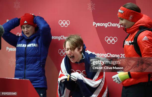 Lizzy Yarnold of Great Britain reacts as she secures the gold medal at the Womens Skeleton on day eight of the PyeongChang 2018 Winter Olympic Games...