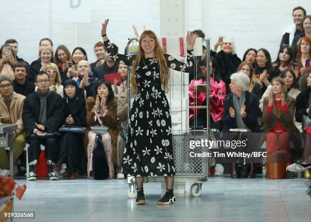 Molly Goddard walks the runway at the Molly Goddard show during London Fashion Week February 2018 at TopShop Show Space on February 17, 2018 in...