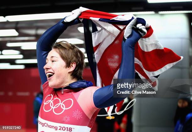 Lizzy Yarnold of Great Britain celebates as she secures the gold medal at the Womens Skeleton on day eight of the PyeongChang 2018 Winter Olympic...