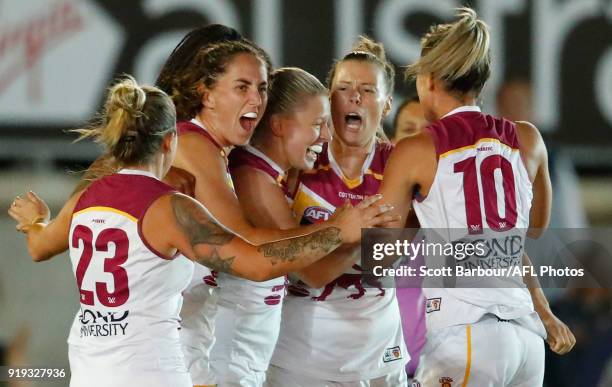 Brittany Gibson of the Lions celebrates after kicking a goal during the 2018 AFLW Round 03 match between the Carlton Blues and the Brisbane Lions at...