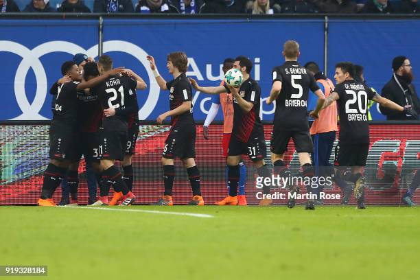 Players of Leverkusen celebrate after Kai Havertz of Bayer Leverkusen scored a goal to make it 0:2 during the Bundesliga match between Hamburger SV...